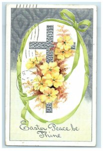 c1910 Greetings Easter Egg Silver Cross Pansies Flowers Embossed Postcard 