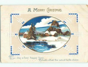 Pre-Linen christmas SNOW-COVERED HOUSES BESIDE ICY LAKE J1811