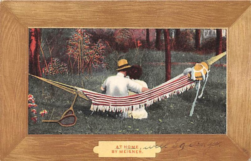 At Home by Meisner Man and Woman in Hammock Tennis Postal Used, Date Unknown 