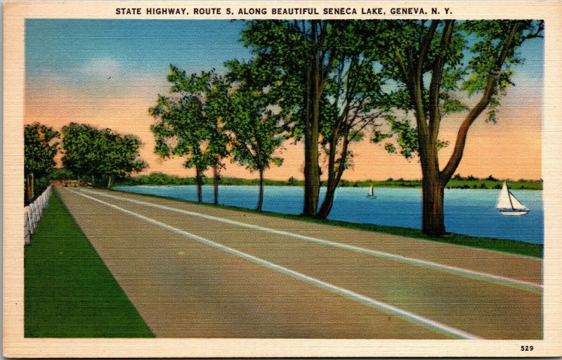 Vtg 1930s State Highway Route 5 Seneca Lake Geneva New York NY Linen Postcard