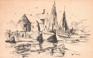 Vintage Postcard 1951 Boats Landing On Pier Dock Harbor Sketch Drawing Artwork