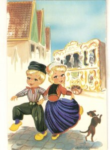 Children couple dancing. With dog  Nice modern Dutch postcard