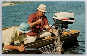 Fishermen With Catch In Small Boat With Evinrude Motor Advertising Postcard B45