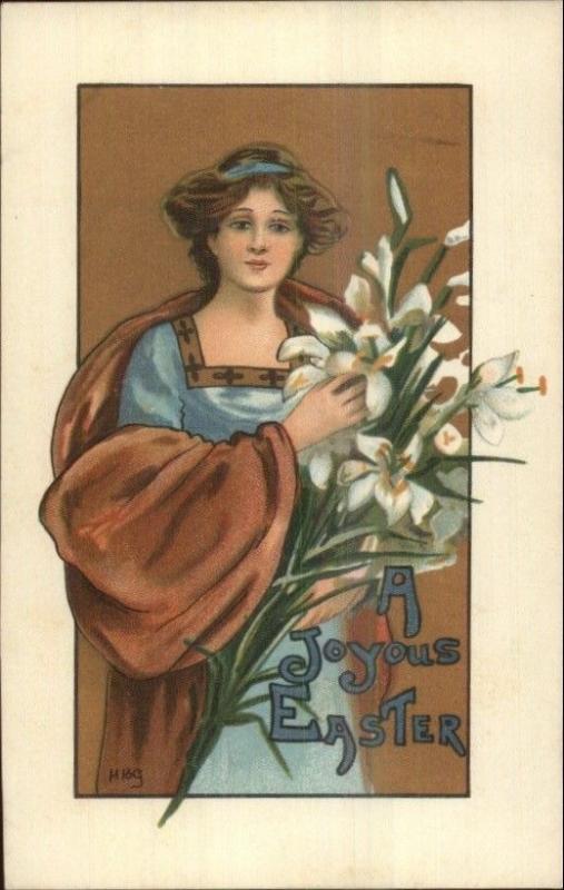 Easter - HBG Griggs - Beuatiful Woman Bouquet Lily Flowers EXC COND Postcard