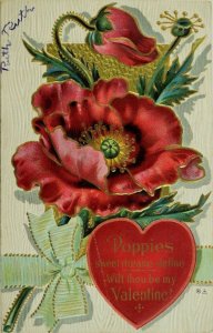 Circa 1910 Valentine Lovely Poppies Heart Flowers Poem Vintage Postcard P59