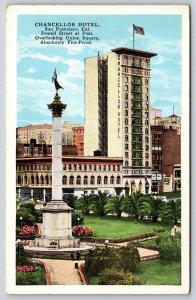 San Francisco California~Chancellor Hotel~Union Sq Park Monument~Flag~1920s PC