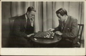 Men Playing Game of Checkers Real Photo Postcard