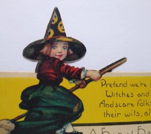 Vintage Halloween Diecut Place Card Witch On Broom Pretend Goblins Ghosts Nash