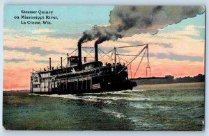 La Crosse Wisconsin Postcard Steamer Quincy On Mississippi River 1911 Antique