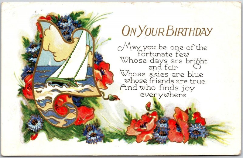 1922 On Your Birthday Colorful Flowers Sailboats Greetings Poem Posted Postcard 