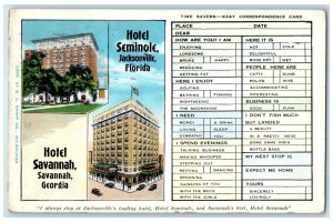 1931 Hotel Seminole Jacksonville FL & Hotel Savannah GA Advertising Postcard