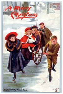 Christmas Children Pulling Cart Bound For The North Pole Oilette Tuck's Postcard