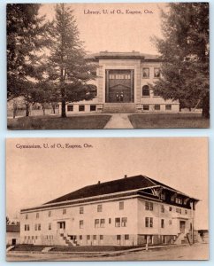 2 Postcards UNIVERSITY of OREGON, Eugene OR ~ LIBRARY & GYMNASIUM c1910s