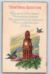 Minneapolis Minnesota MN Postcard New Year Greeting Clock Tower Birds c1910's