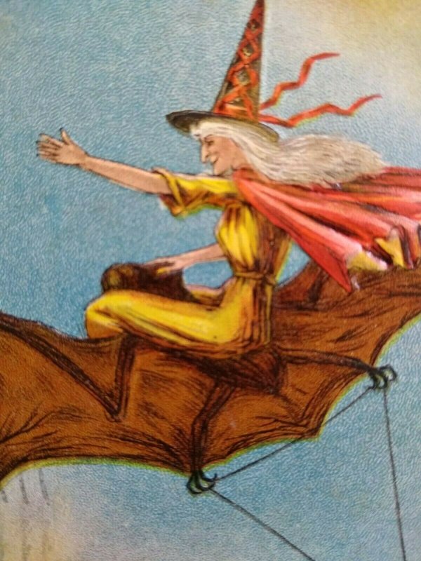 Vintage Halloween Postcard Anglo-American Series 876 Witch Flying On Devil Bat