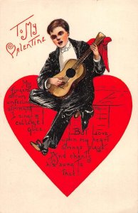 Valentine Greetings Man Playing Guitar HBG Vintage Postcard AA15019