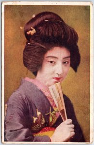 VINTAGE POSTCARD JAPANESE GEISHA WITH HAND-FAN c. 1920 WHITE BORDER ERA