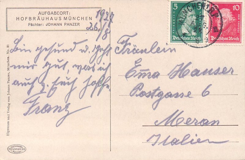 Germany Munich Hofbrauhaus Bavarian lifestyle famous Hofbräu Bier postcard 1927