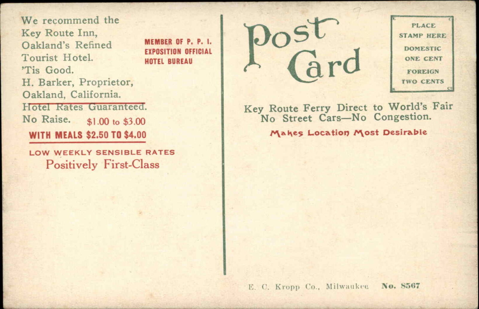 Oakland CA Key Route Inn Overprint on Backside c1910 Postcard | United ...