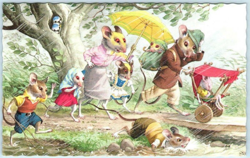 Mainzer MICE Anthropomorphic MOUSE FAMILY Caught in a RAINSTORM #4903 Postcard