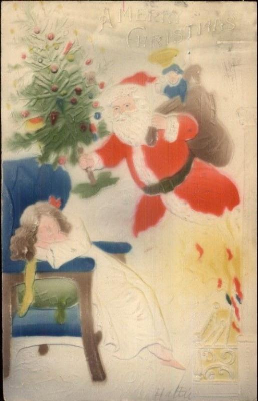 Christmas - Santa Claus Rises From Fireplace Flames AIRBRUSHED EMBOSSED pc