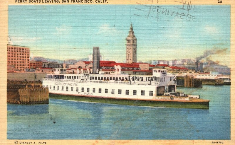 Vintage Postcard 1942 Ferry Tower Ferry Boats Leaving San Francisco California
