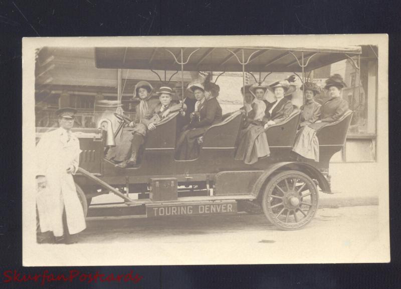 RPPC TOURING DENVER COLORADO ANTIQUE VINTAGE TOUR BUS REAL PHOTO POSTCARD