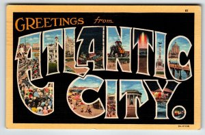 Greetings From Atlantic City New Jersey Large Big Letter Linen Postcard 1948 NJ