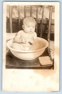 Cute Baby Postcard RPPC Photo Bathing On Chair c1910's Unposted Antique