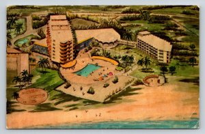 1967 Aruba Caribbean Hotel & Casino Postcard Mid-Century Palm Beach View