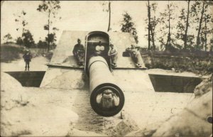 Men Soldiers Pose Cannon Man inside Barrel GREAT PHOTO Real Photo Postcard