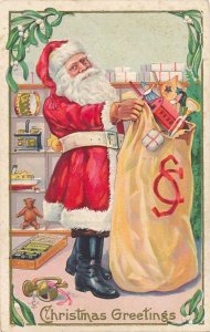 Santa Claus Greetings Bag of Toys in Workshop - pm 1912 - DB - LSC