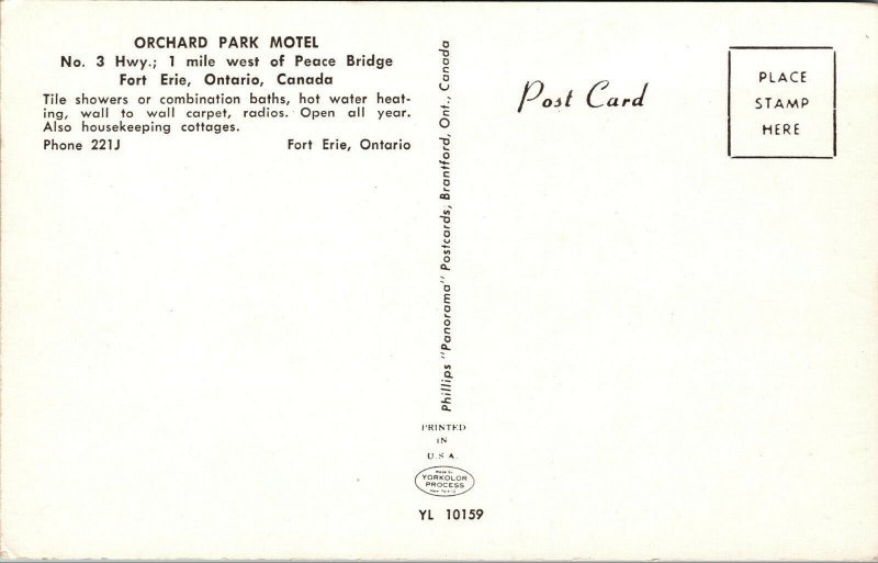 Vtg Orchard Park Motel Fort Erie Ontario Canada Chrome Postcard
