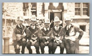YOUNG MEN in FIRE FIGHTERS DRESS ANTIQUE REAL PHOTO POSTCARD RPPC