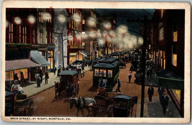 View of Main Street By Night, Norfolk VA Vintage Postcard F03