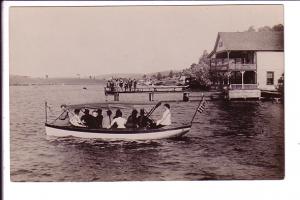 Real Photo, Dock and People in Boat, American Flag,