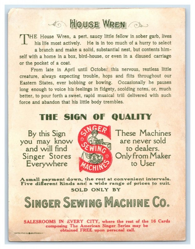 1898 Singer Sewing Machine The American Singer Series House Wren & Egg N0.6 &E