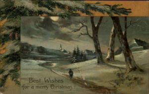 Christmas Winter Sunset Scene c1910 Postcard NICELY EMBOSSED