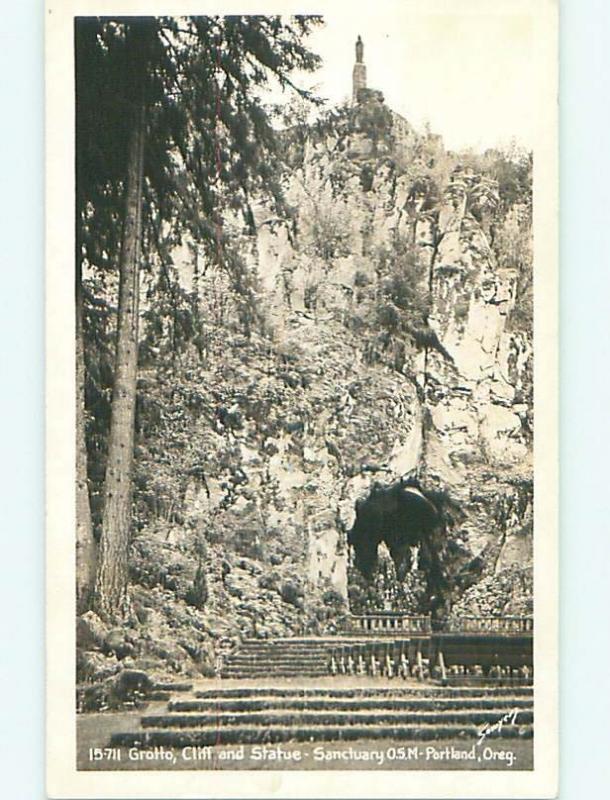 Pre-1942 rppc GROTTO & CLIFF & STATUE AT SANCTUARY Portland Oregon OR t2775