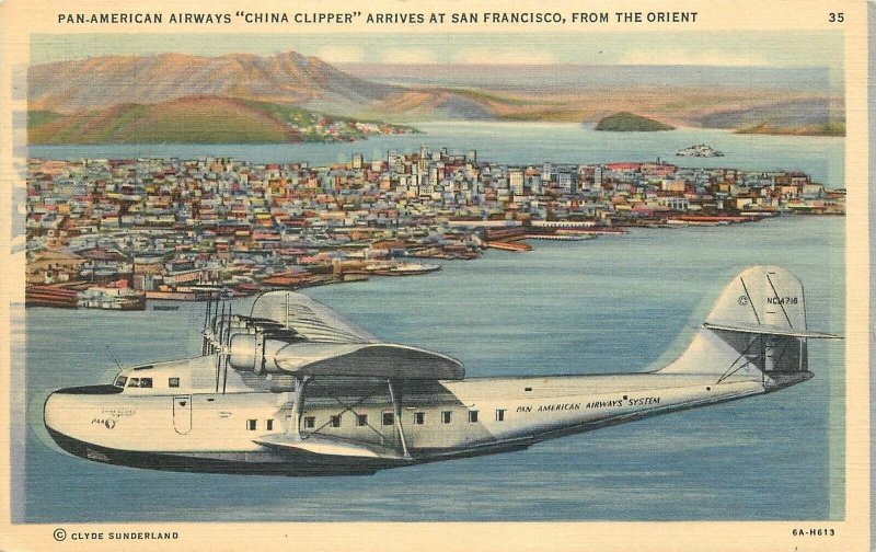 Postcard 1936 Aircraft Arrival of China Clipper Plitz Pan American linen 23-117 