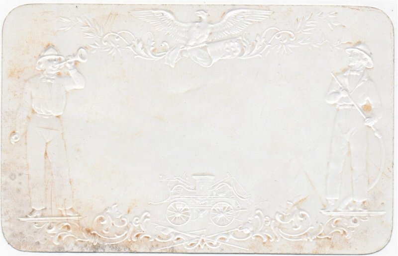 Vintage Fire Fighting Embossed Gold Gilt Celluloid Label Fire Bugler Hand Pumper