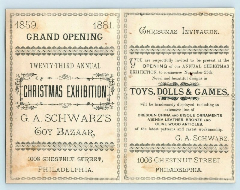 1881 G.A. Schwarz Grand Opening Invitation Christmas Tree Toys Rocking Horse #5B