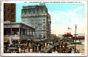 VINTAGE POSTCARD ST. CHARLES AND BREAKERS HOTELS ON THE BOARDWALK ATLANTIC CITY