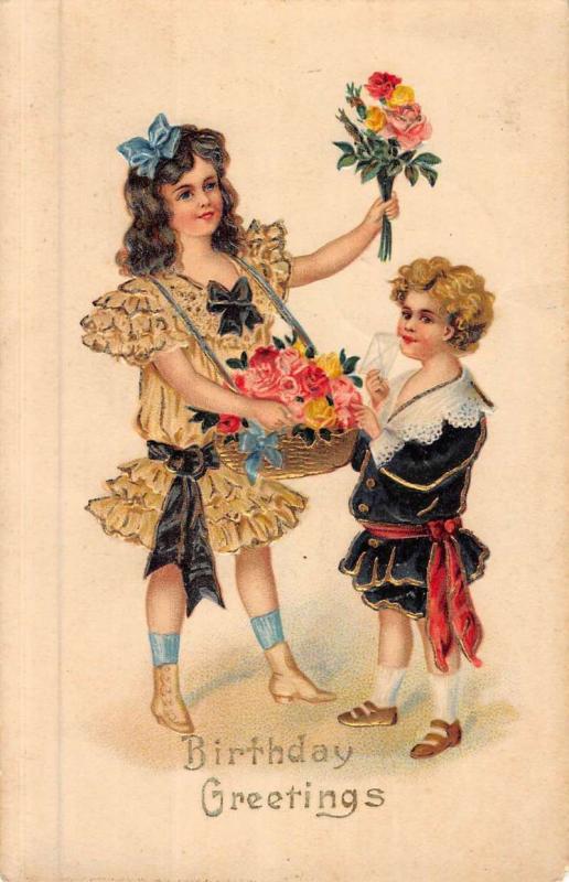 Birthday Greetings Fancy Dressed Children Flower Basket Antique Postcard K51128 