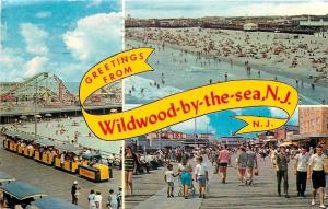 Wildwood New Jersey~Banner Greetings~Roller Coaster~Train~Crazy Cups~Beach~1963 