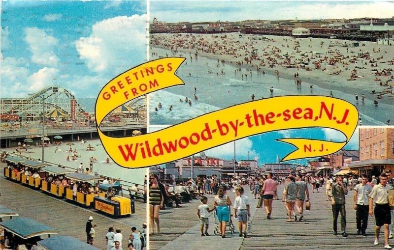 Wildwood New Jersey~Banner Greetings~Roller Coaster~Train~Crazy Cups~Beach~1963 
