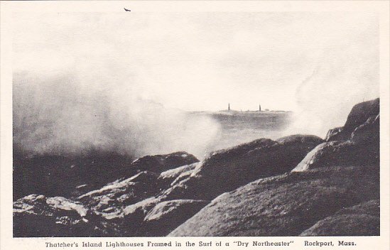 Massachusetts Rockport Thatchers Island Lighthouses Framed In The Surf Of A D...