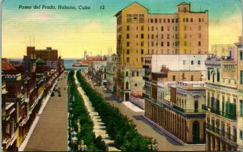 Vintage Linen Postcard - Habana Cuba - Paseo Del Prado Bird's-eye View