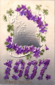 Postcard New Year 1907 Purple Violets Clover Embossed Undivided Back