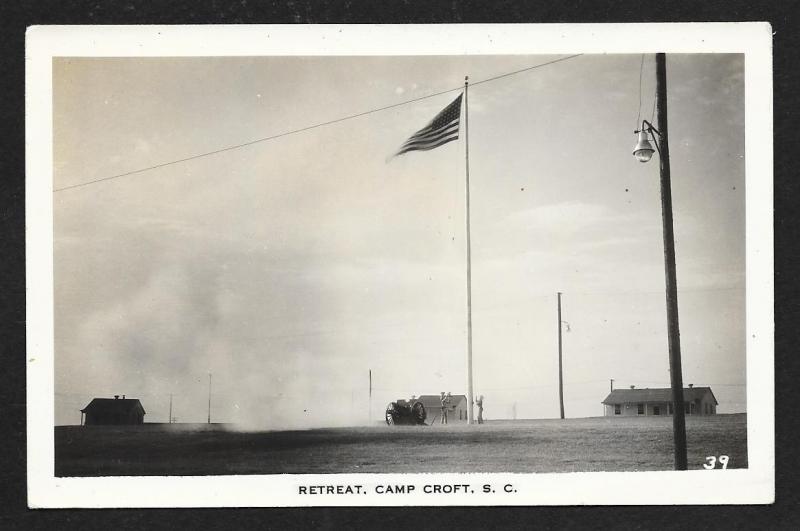 'Retreat' Flag Camp Croft SC RPPC Used 1942